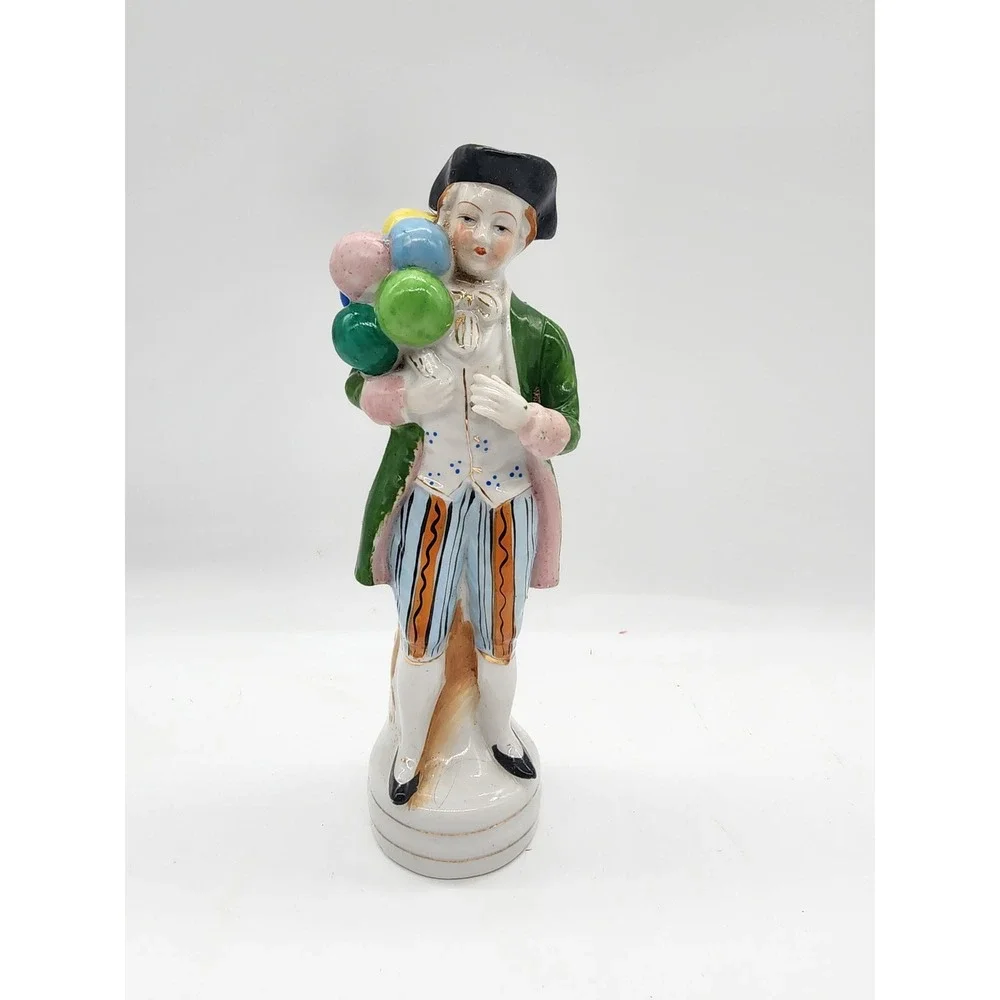 Vintage L&M Ceramic Balloon Man Figurine Hand Painted Green Coat 8.5 Inch
